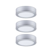 Three round silver aluminum LED ceiling lights with white diffuser for modern lighting solutions