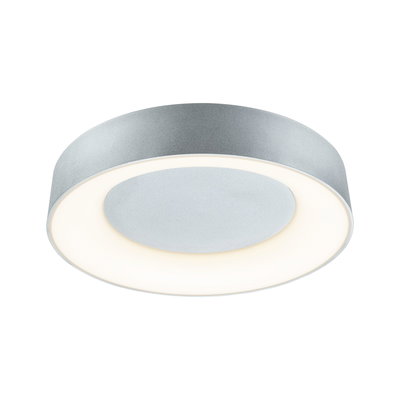 Ronde plafondlamp van zilverkleurig metaal met warm wit LED-licht voor moderne woonruimtes