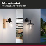 Two black metal and wood wall lamps for indoor and outdoor use with LED bulbs for lighting