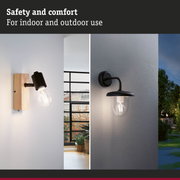 Two black metal and wood wall lamps for indoor and outdoor use with LED bulbs for lighting