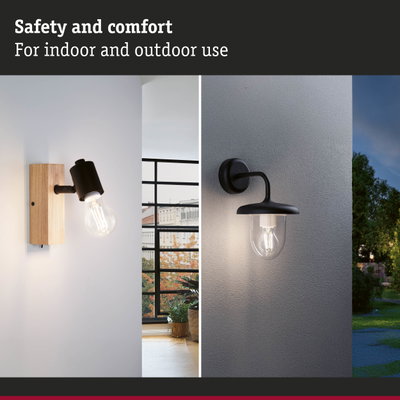 Two black metal and wood wall lamps for indoor and outdoor use with LED bulbs for lighting