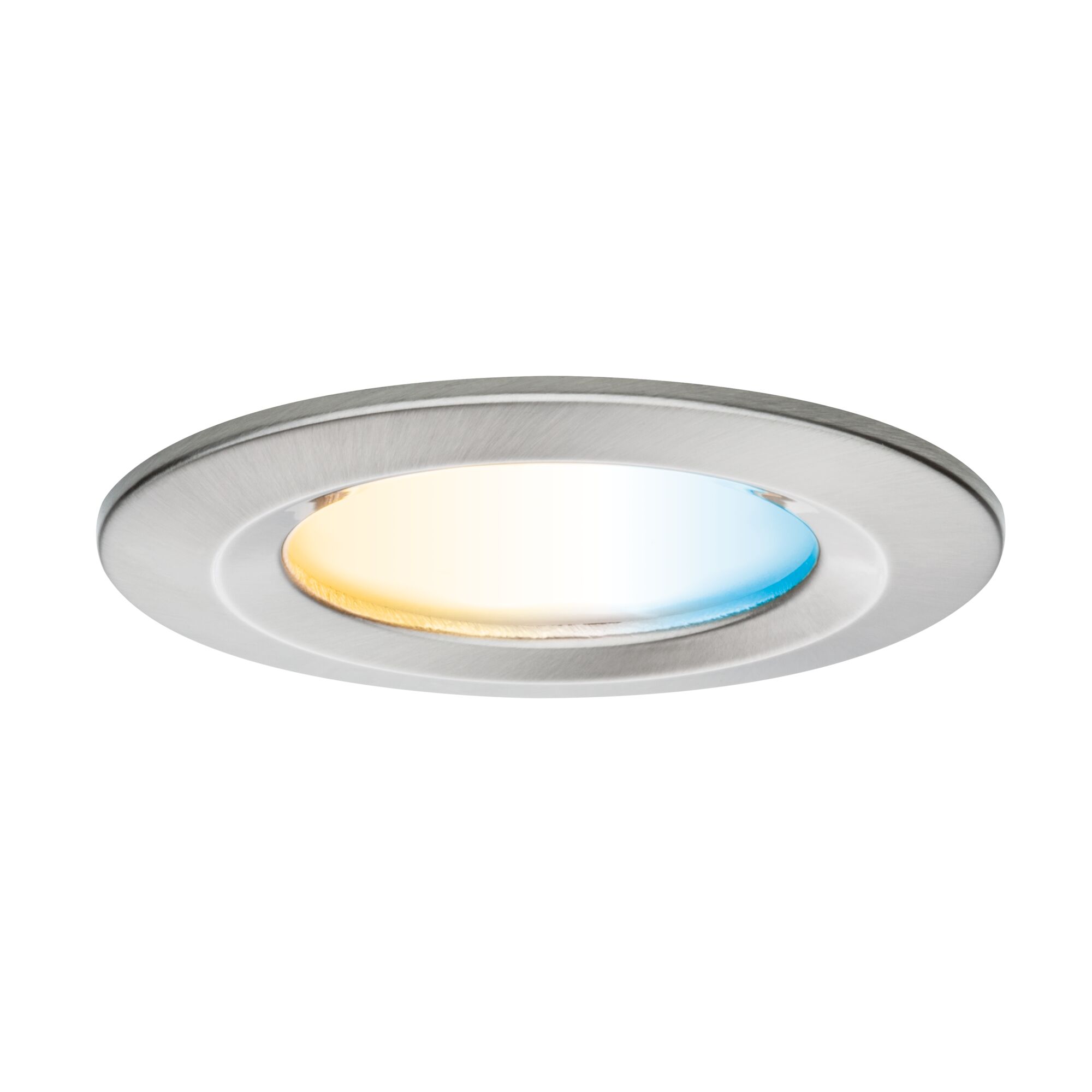 Round recessed spotlight in brushed stainless steel with warm and cool white light for living spaces