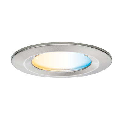 Round recessed spotlight in brushed stainless steel with warm and cool white light for living spaces