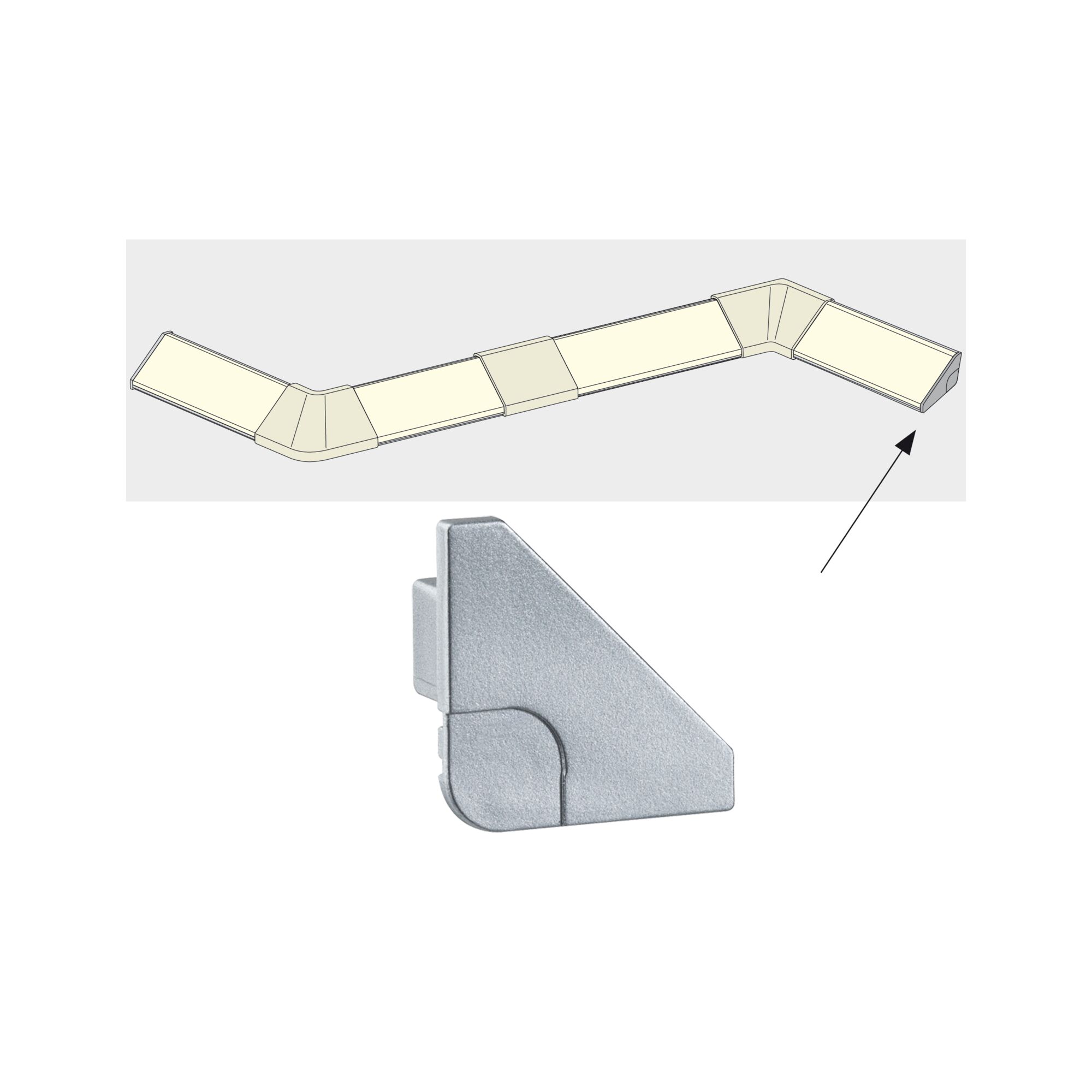 LED Strip profile Delta Connector End Cap 2 pack Matt aluminium Technical drawing of grey plastic corner piece for LED light strips to connect corners.
