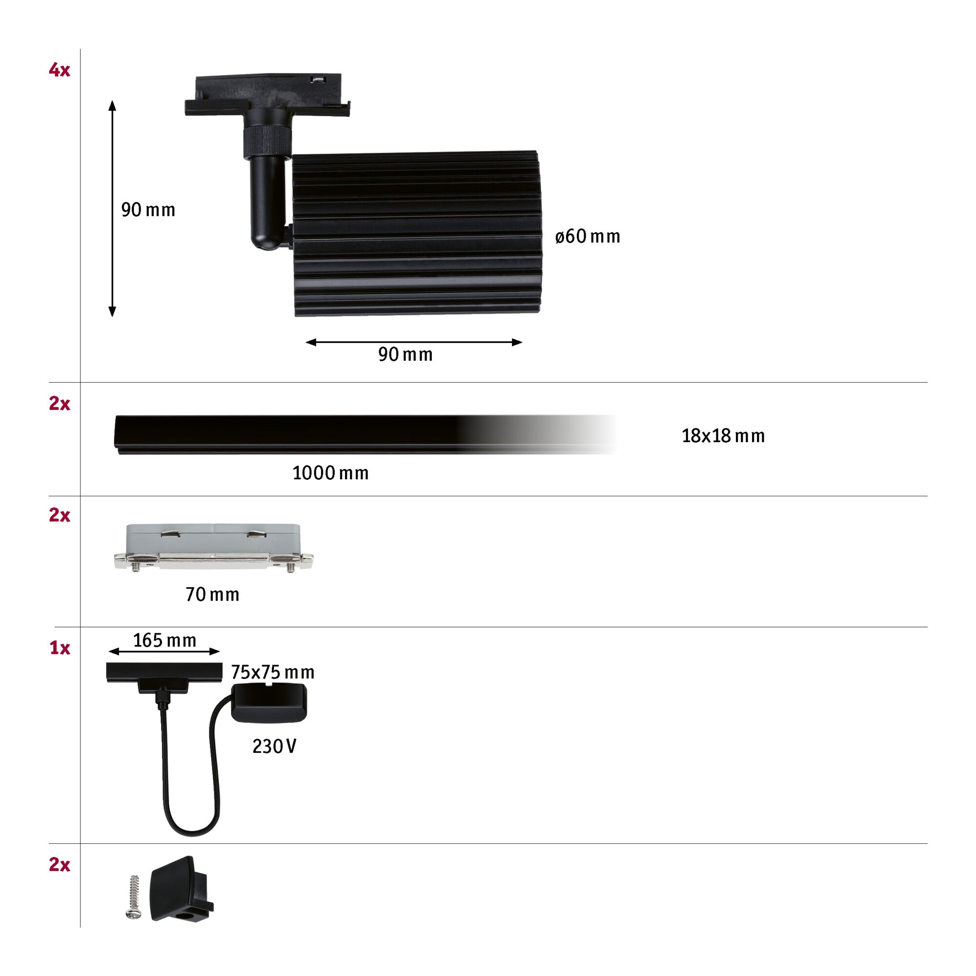 URail Spot sur rail Lirena Kit de démarrage Alimentation centrale GU10 max. 10W 230V Noir mat