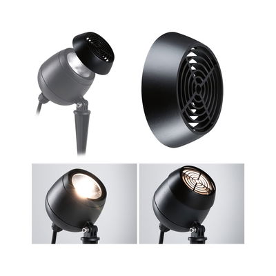 Black LED outdoor spotlight with removable metal guard for garden lighting and outdoor use.