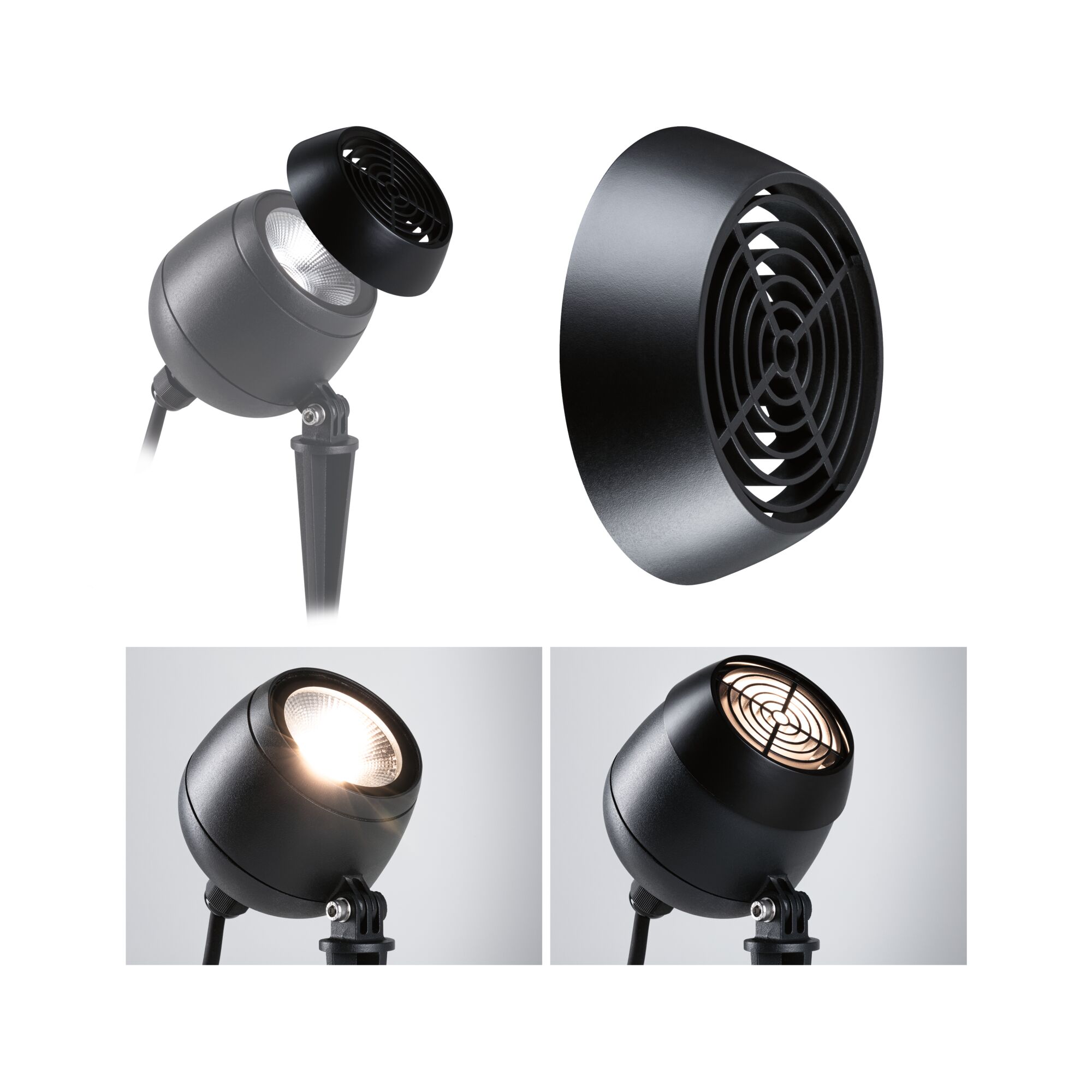 Projecteur LED extérieur noir avec grille de protection amovible en métal pour éclairage de jardin.