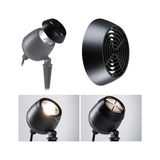 Black LED outdoor spotlight with removable metal guard for garden lighting and outdoor use.