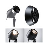 Black LED outdoor spotlight with removable metal guard for garden lighting and outdoor use.
