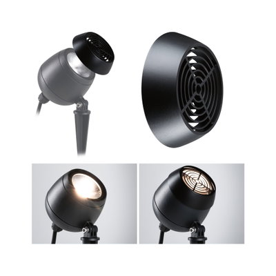 Zwarte LED-buitenlamp met afneembare metalen beschermkap voor tuinverlichting en buitengebruik.