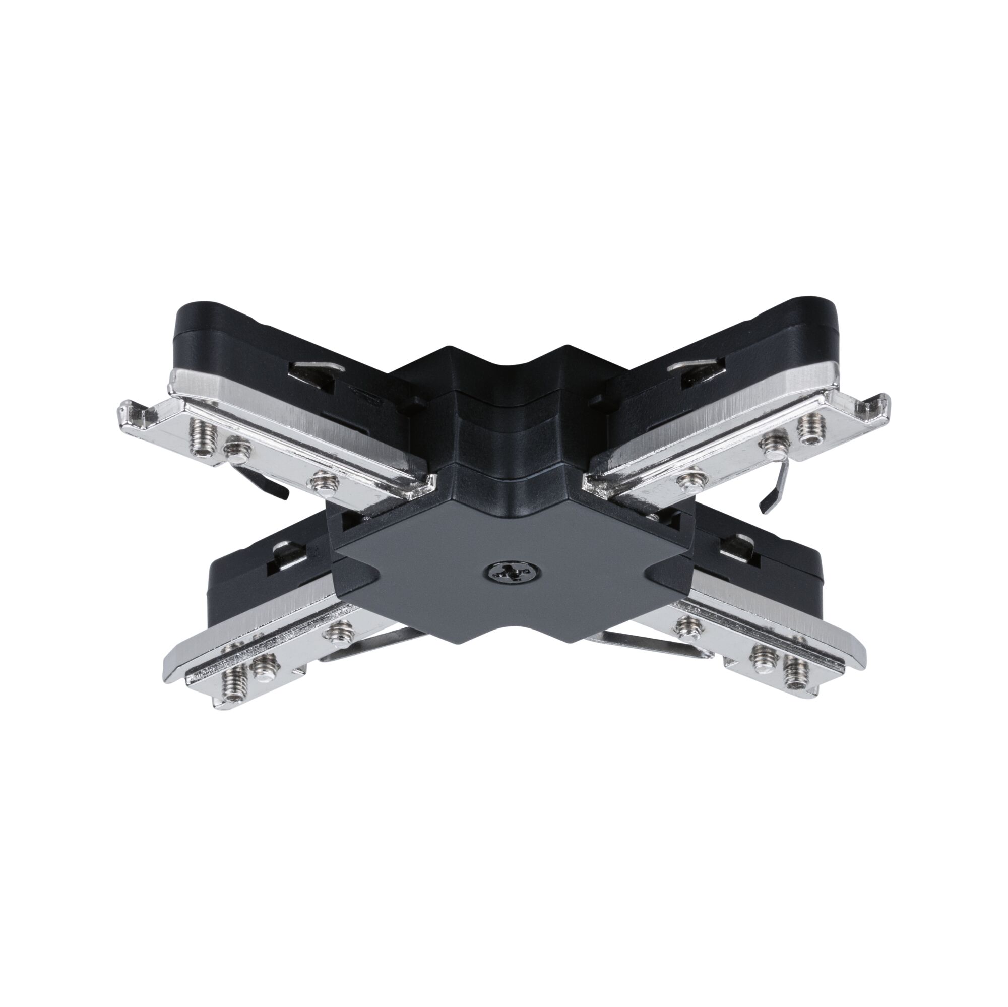 URail Connector X-Stück Light&Easy 104x104mm max. 1000W Black matt Black X-shaped connector made of plastic and metal for track lighting systems with screws.