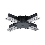 Black X-shaped connector made of plastic and metal for track lighting systems with screws.