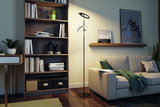 Black LED floor lamp with two circular light rings beside beige sofa in modern living room with bookshelf.