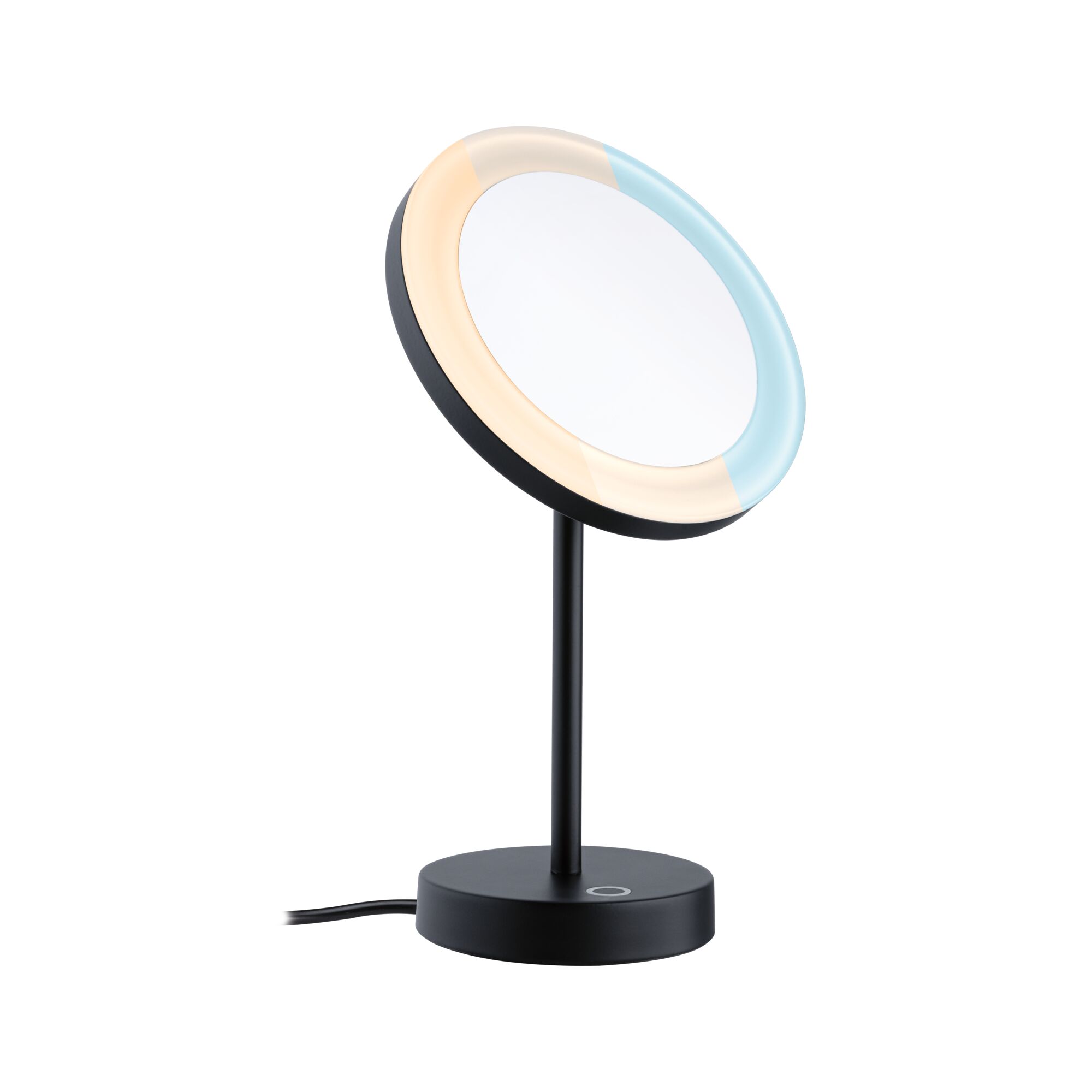 Black LED table mirror with warm and cool white light ring for precise makeup and styling