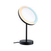 Schwarzer LED-Tischspiegel mit warm- und kaltweißem Lichtring für präzises Make-up und Styling