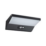Black LED wall light with motion sensor and white diffuser for energy-efficient outdoor lighting