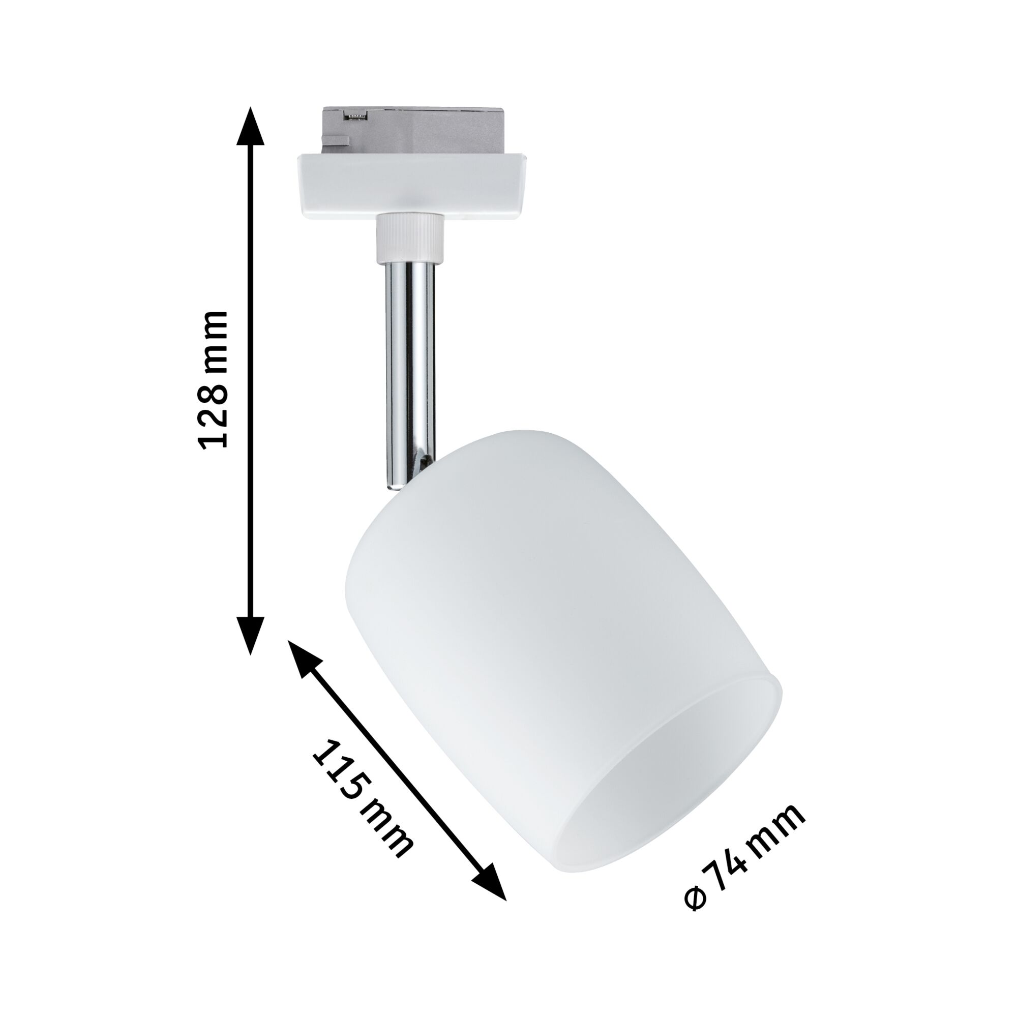 Witte LED-spot van glas en metaal, 128 mm hoog en 74 mm diameter voor railsystemen