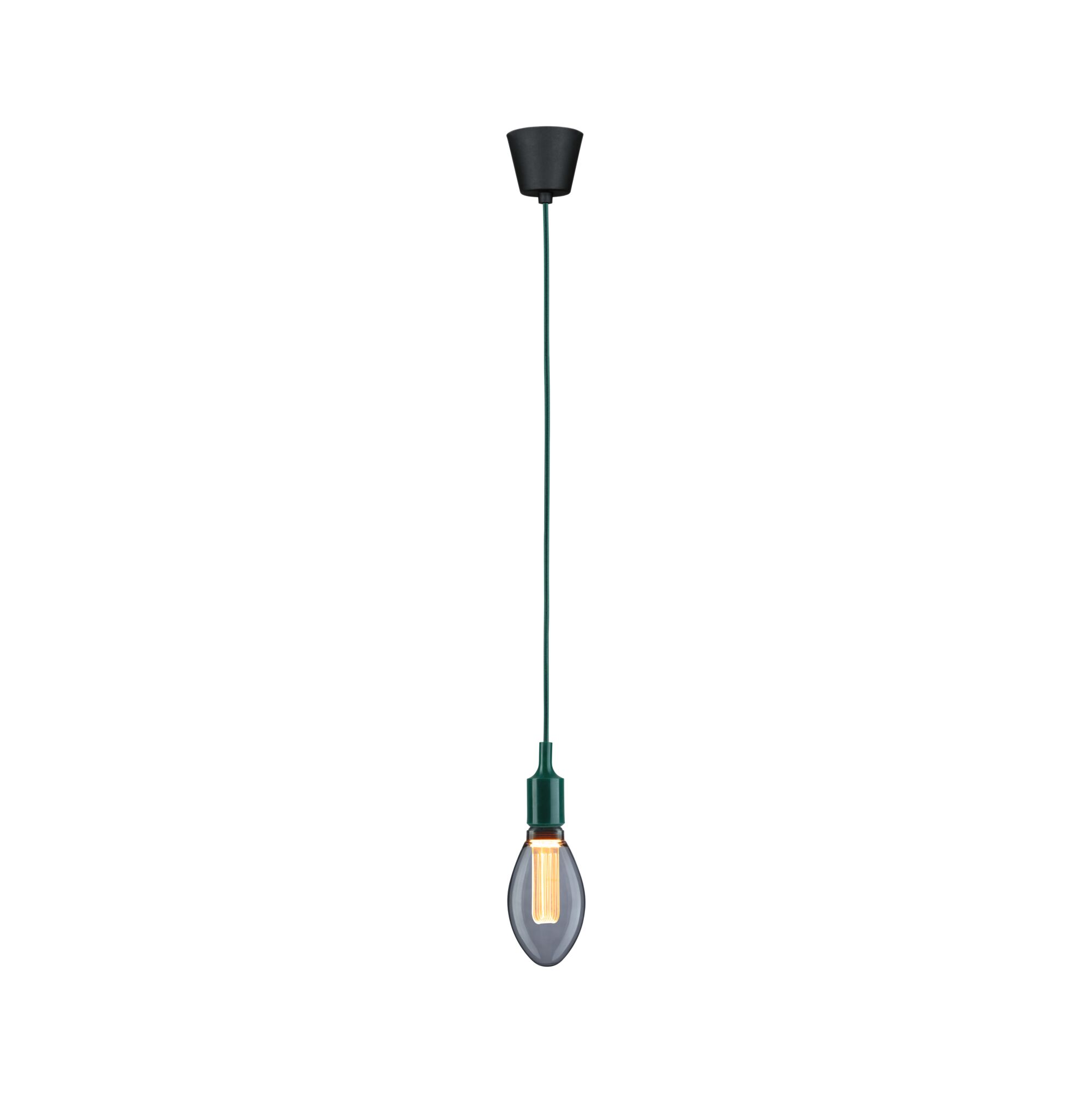 Green pendant lamp with black ceiling mount and warm white LED bulb for modern interior lighting
