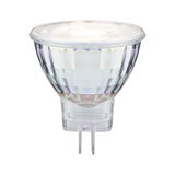Transparante MR16 LED-lamp met glazen behuizing en twee metalen pinnen voor energiezuinige verlichting