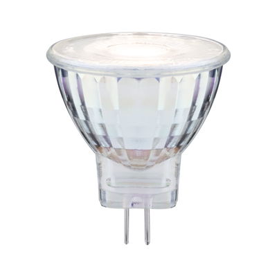 Clear MR16 LED bulb with glass housing and two metal pins for energy-efficient lighting