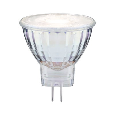 Clear MR16 LED bulb with glass housing and two metal pins for energy-efficient lighting