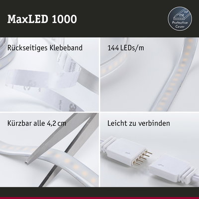 MaxLED 1000 LED-Lichtband mit rückseitigem Klebeband, 144 LEDs/m, schneidbar alle 4,2 cm, einfach verbindbar