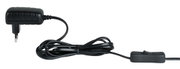Zwarte kunststof netadapter met Eurostekker en schakelaar in kabel voor verlichting.