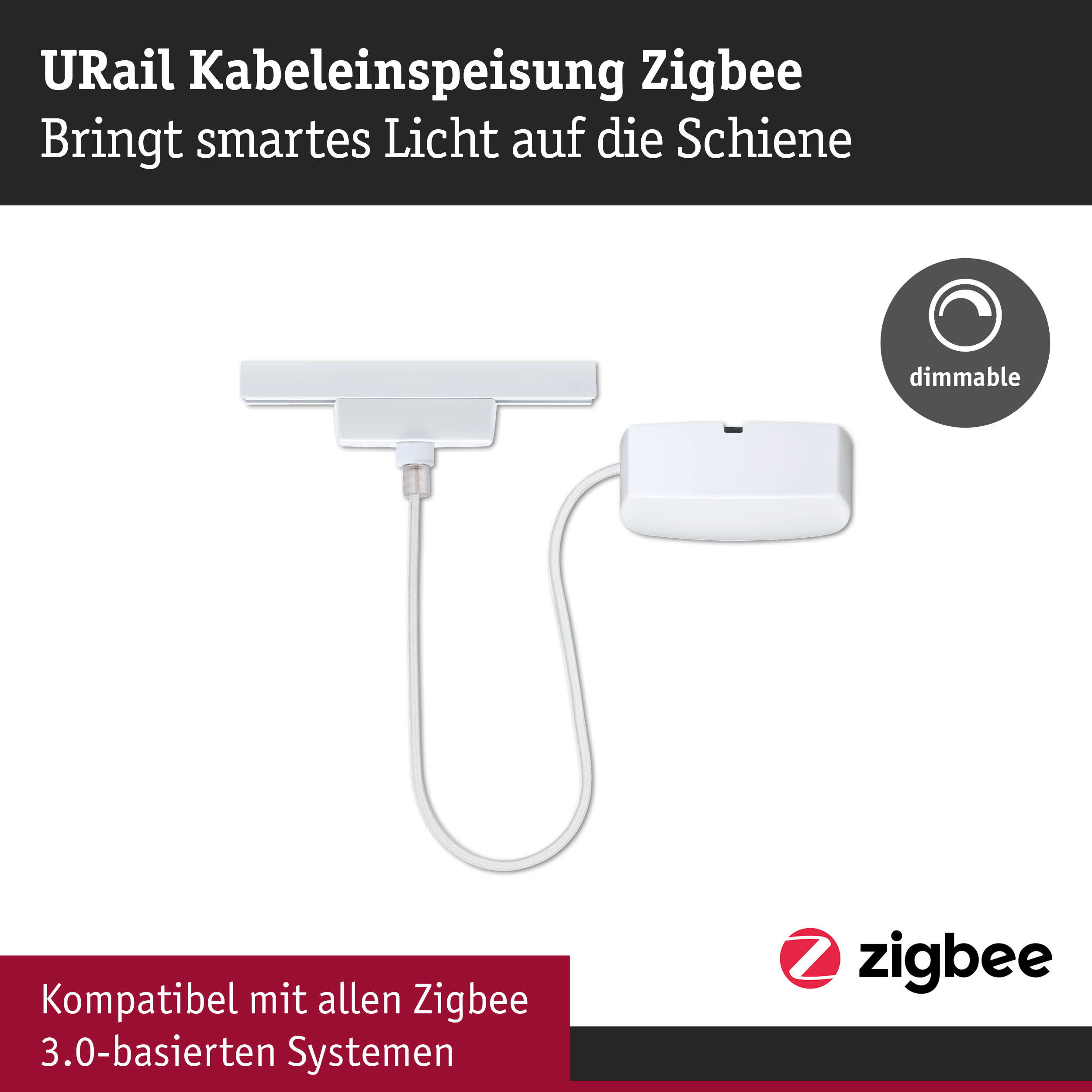 Weiße URail Kabeleinspeisung Zigbee mit dimmbarer Funktion für smartes Licht auf der Schiene
