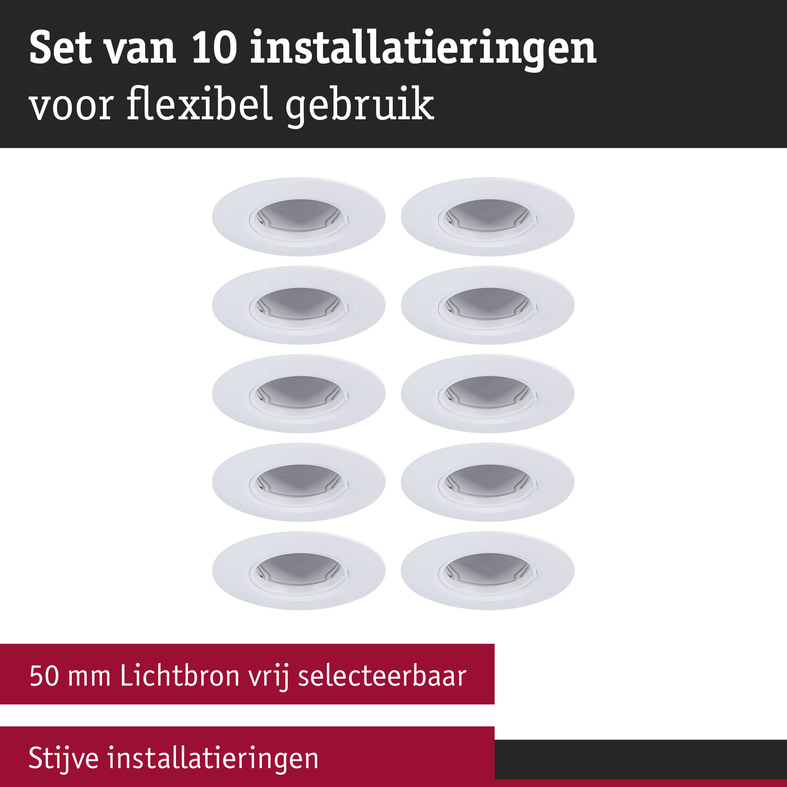 Set van 10 witte inbouwframes voor flexibel gebruik, 50 mm lichtbron vrij selecteerbaar
