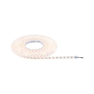 Flexible LED strip light with warm white glow and transparent casing for versatile lighting solutions.