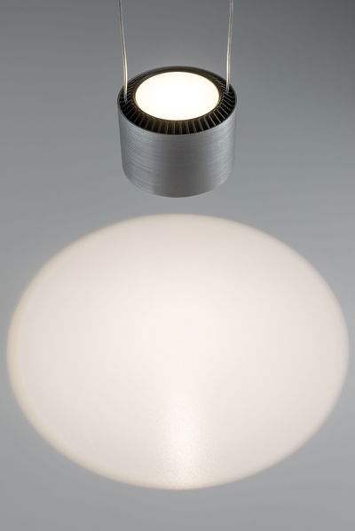 Round LED pendant light in brushed aluminum with warm white light and modern design