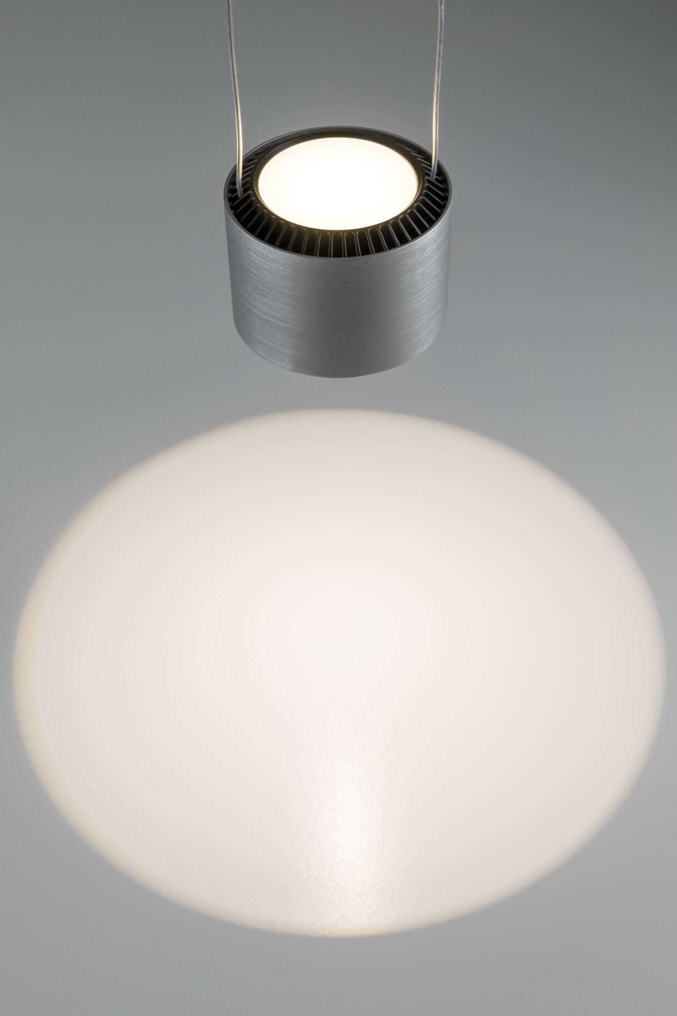 Modern LED pendant light with silver aluminium housing and warm white light for living spaces