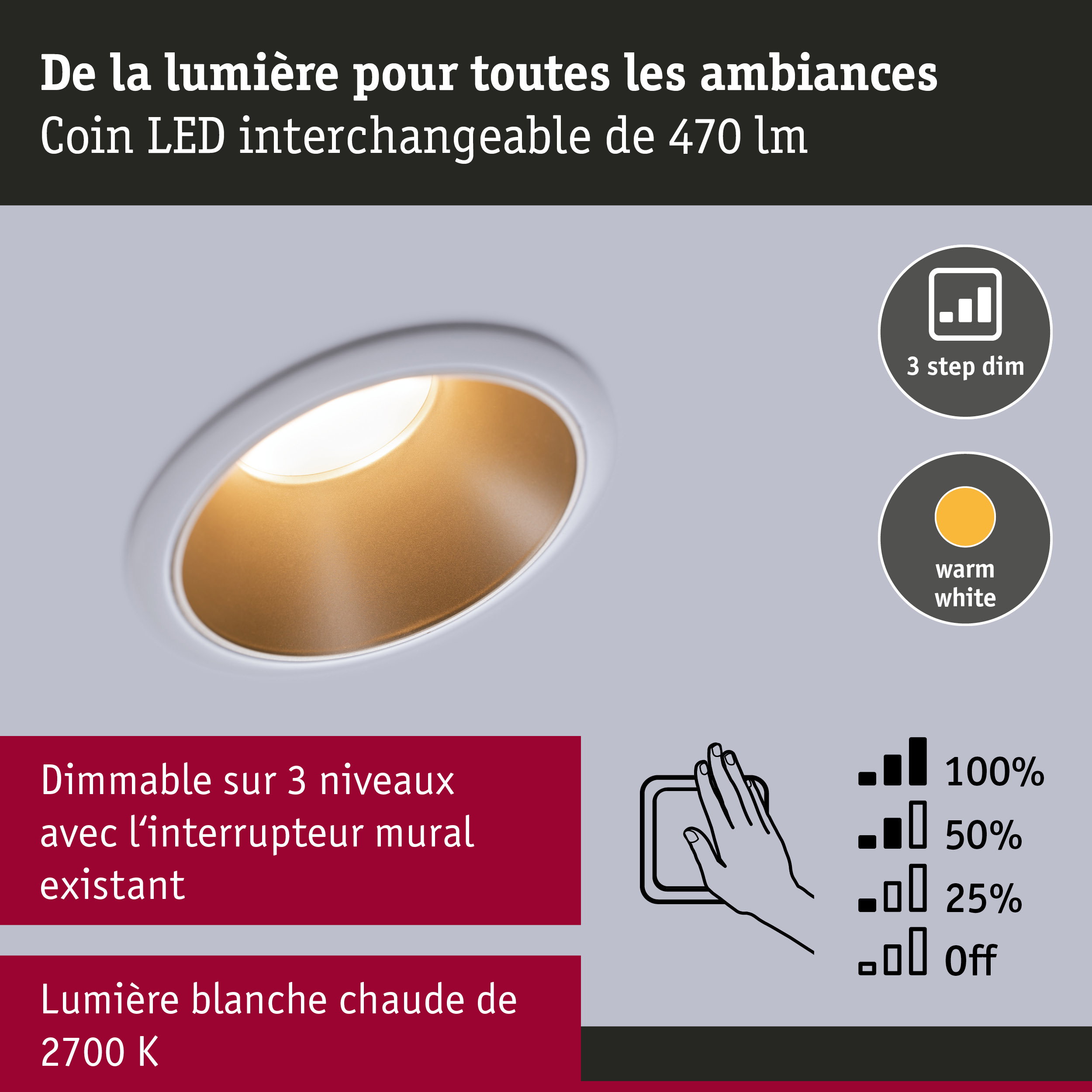 Spot LED encastré avec lumière blanc chaud 2700K et gradation 3 niveaux pour éclairage intérieur