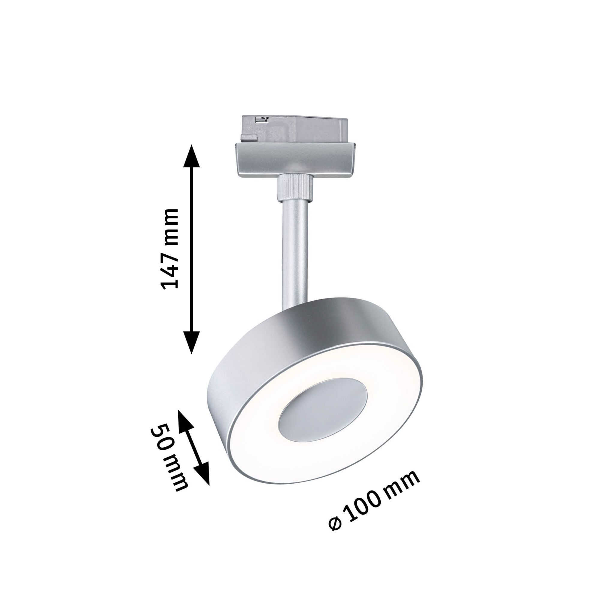 Runder LED-Strahler in Silber mit 100 mm Durchmesser und 147 mm Höhe für moderne Innenbeleuchtung