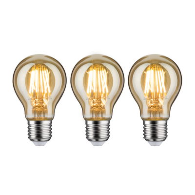 Drie LED-lampen van amberkleurig glas met warm wit licht en E27-fitting voor decoratieve verlichting