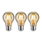 Three amber glass LED bulbs with warm white light and E27 base for decorative lighting use