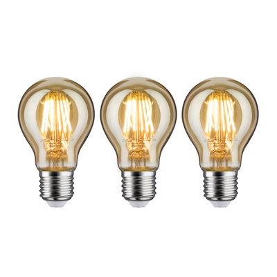 Three amber glass LED bulbs with warm white light and E27 base for decorative lighting use