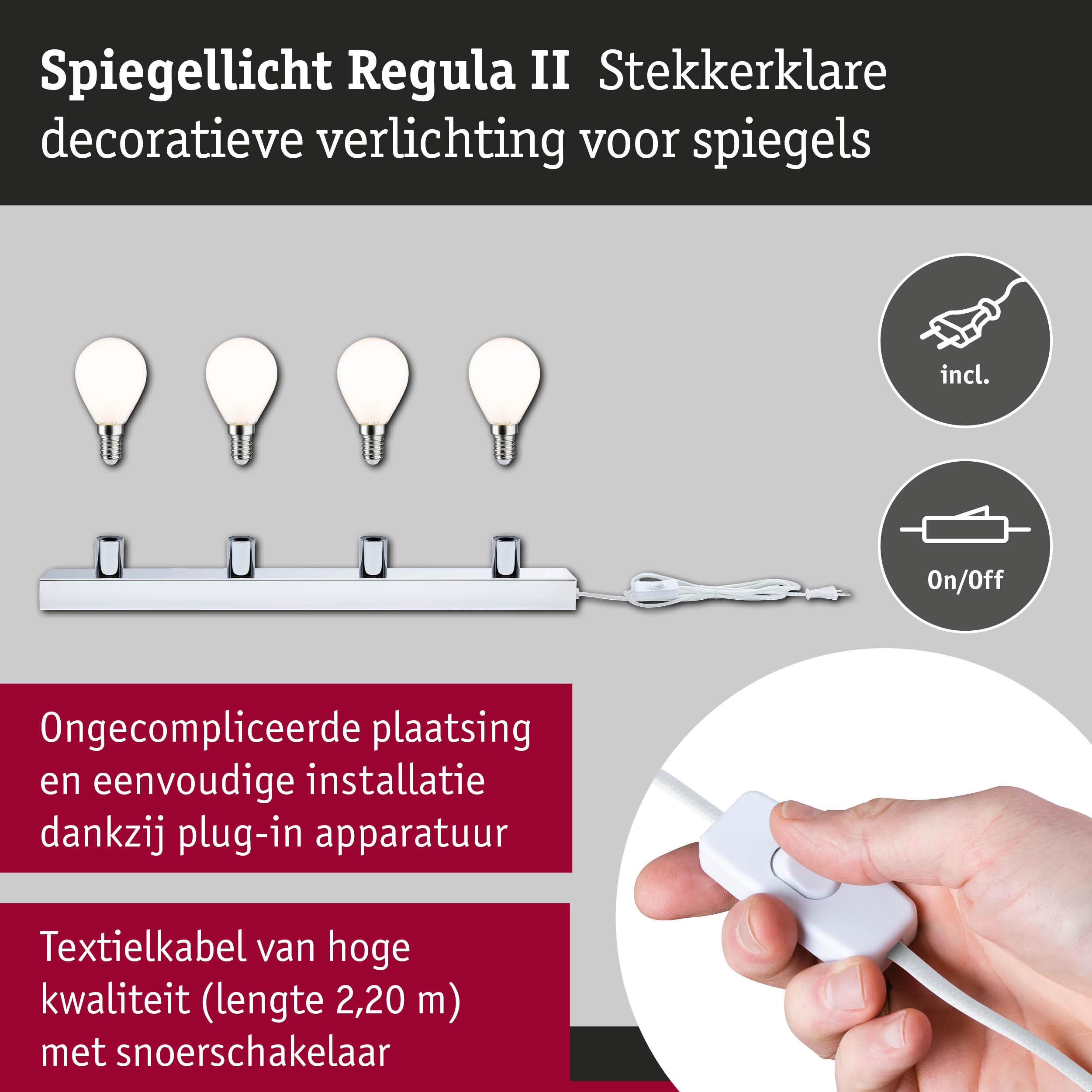 Spiegellicht Regula II met vier witte lampen en chromen houder, inclusief textielkabel met schakelaar
