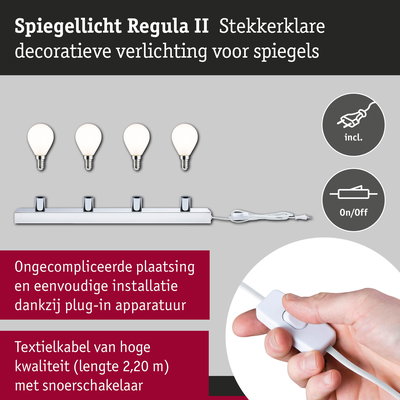 Spiegellicht Regula II met vier witte lampen en chromen houder, inclusief textielkabel met schakelaar