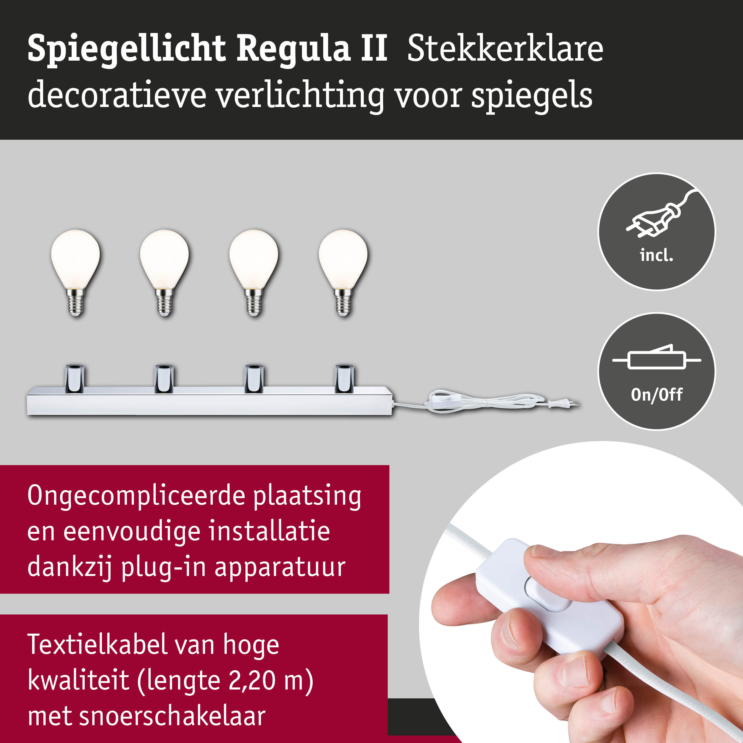 Spiegellicht Regula II met vier witte lampen en chromen houder, inclusief textielkabel met schakelaar