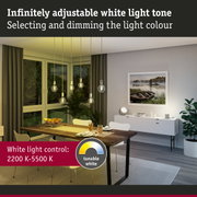 Dining room with tunable white LED bulbs from warm to cool light, wooden table and modern decor