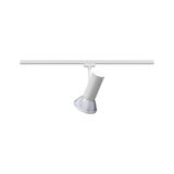 Weißer LED-Spot aus Metall an Schienensystem für flexible Beleuchtung im Innenbereich