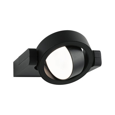 Black metal LED wall light with round adjustable head for modern indoor lighting solutions