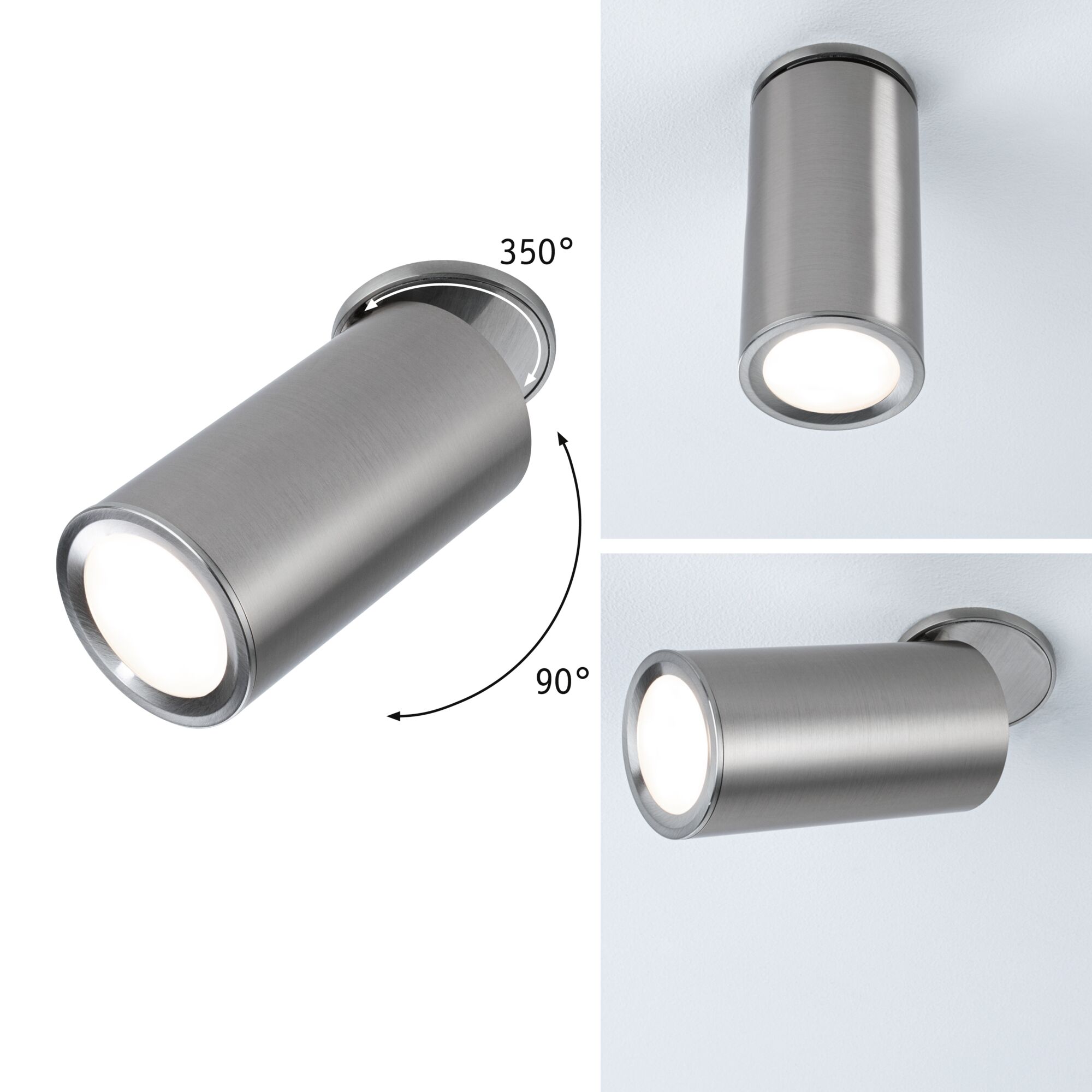 Modern LED ceiling spotlight in brushed stainless steel with 350° rotatable head for flexible lighting solutions