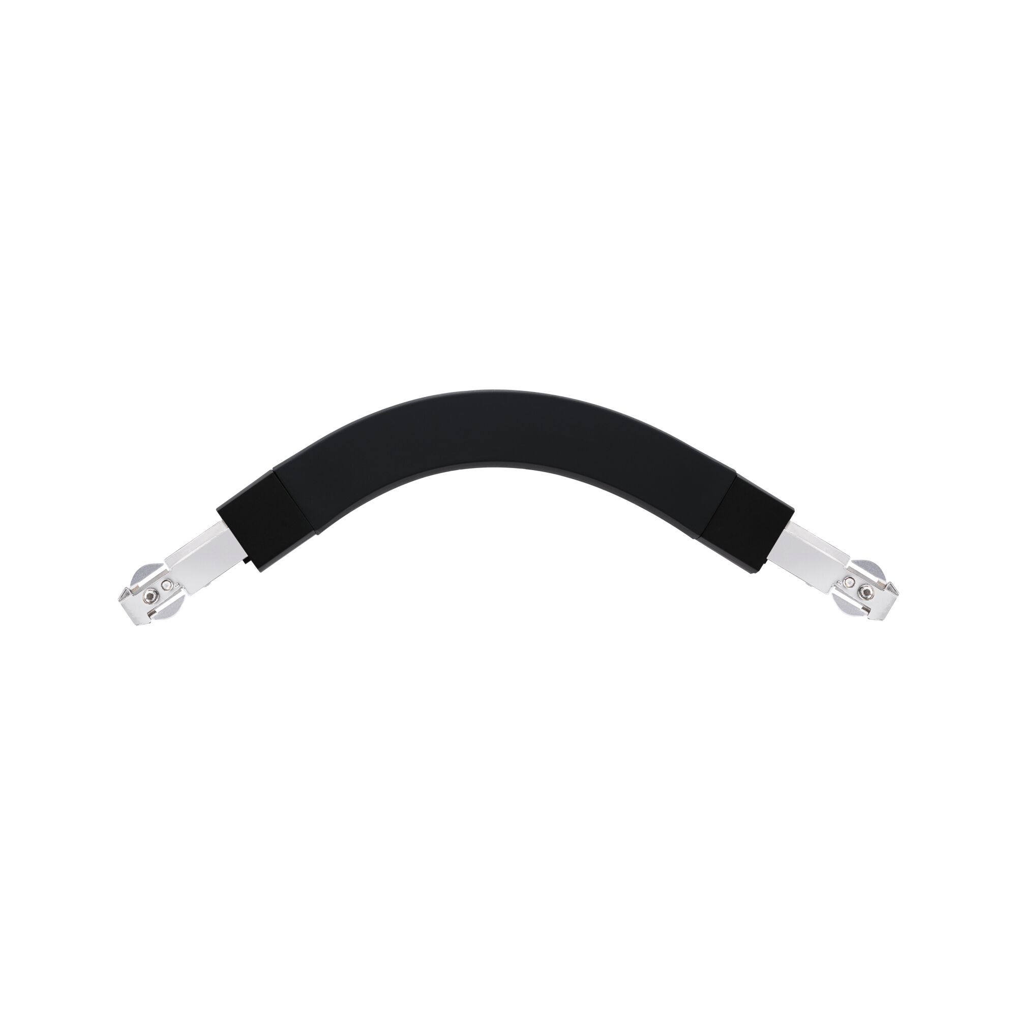 Black curved connector with silver metal clamps for flexible lighting systems and track lighting