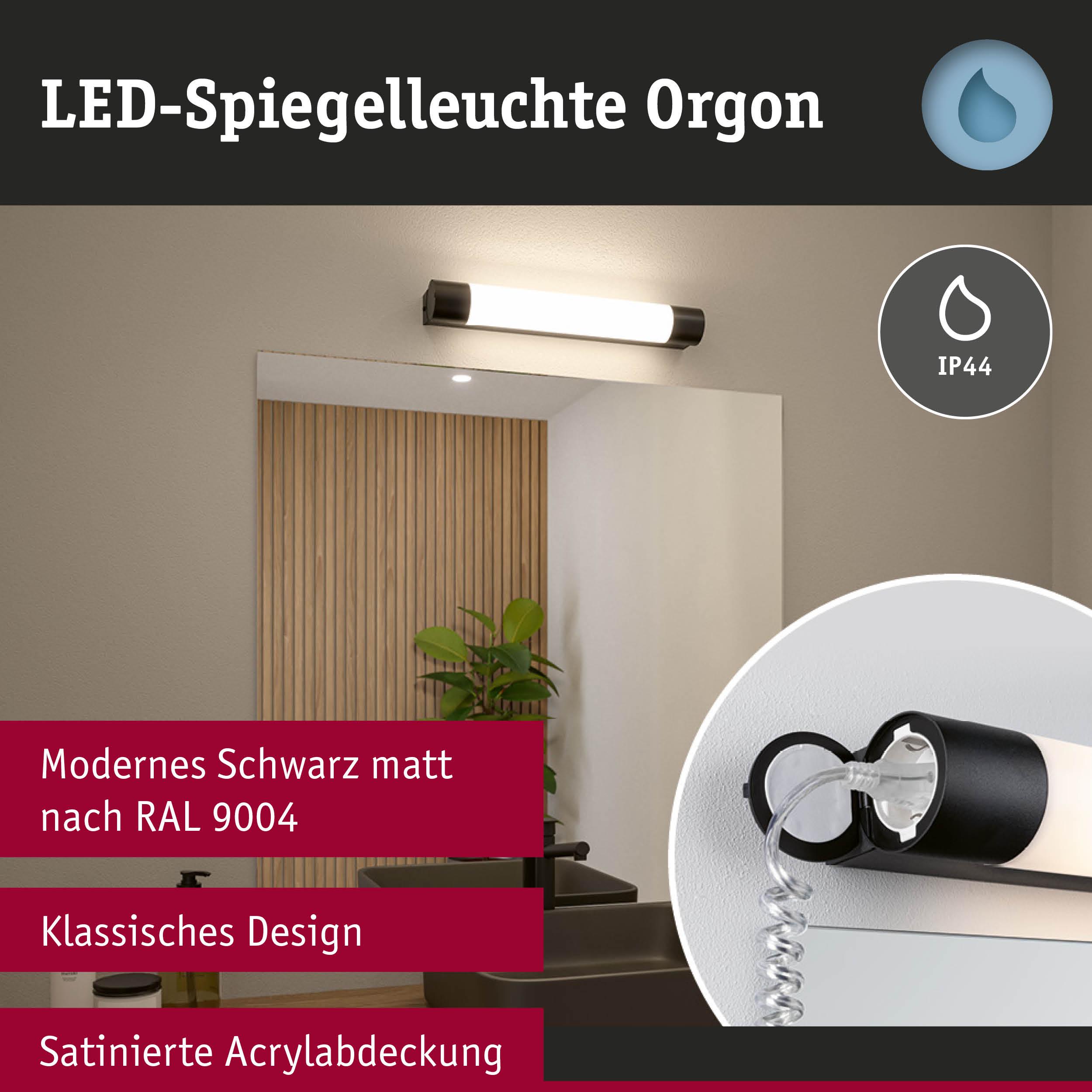 LED-Spiegelleuchte Orgon in mattem Schwarz mit satinierter Acrylabdeckung für Badezimmerbeleuchtung