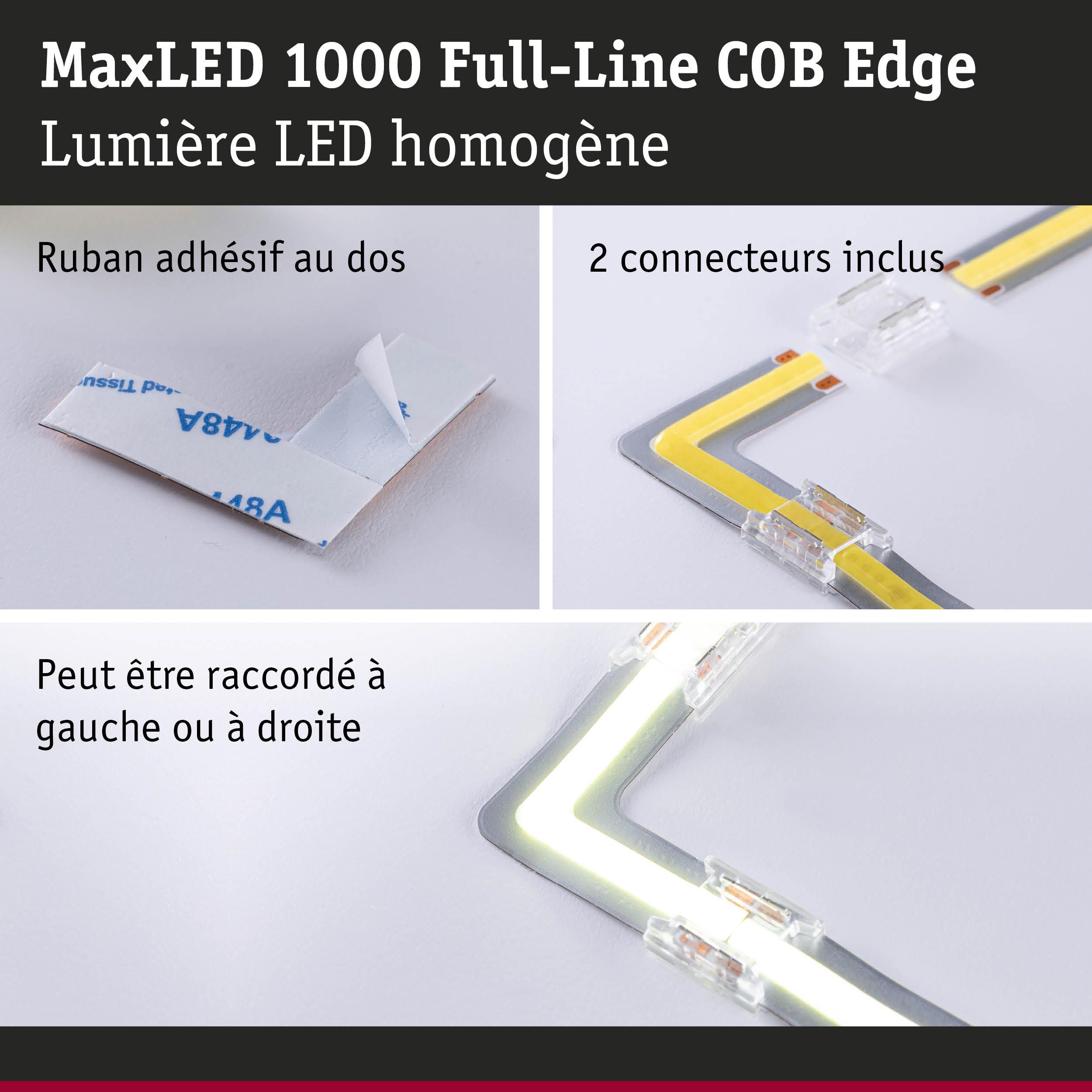 Bande LED MaxLED 1000 avec dos adhésif et deux connecteurs transparents en blanc jaune pour éclairage