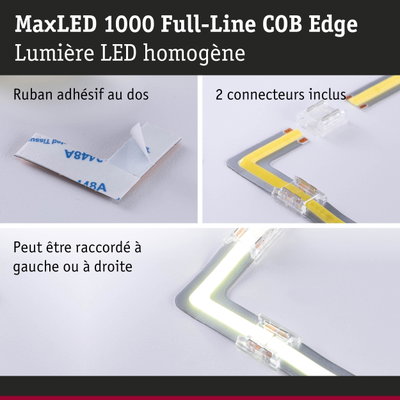 Bande LED MaxLED 1000 avec dos adhésif et deux connecteurs transparents en blanc jaune pour éclairage