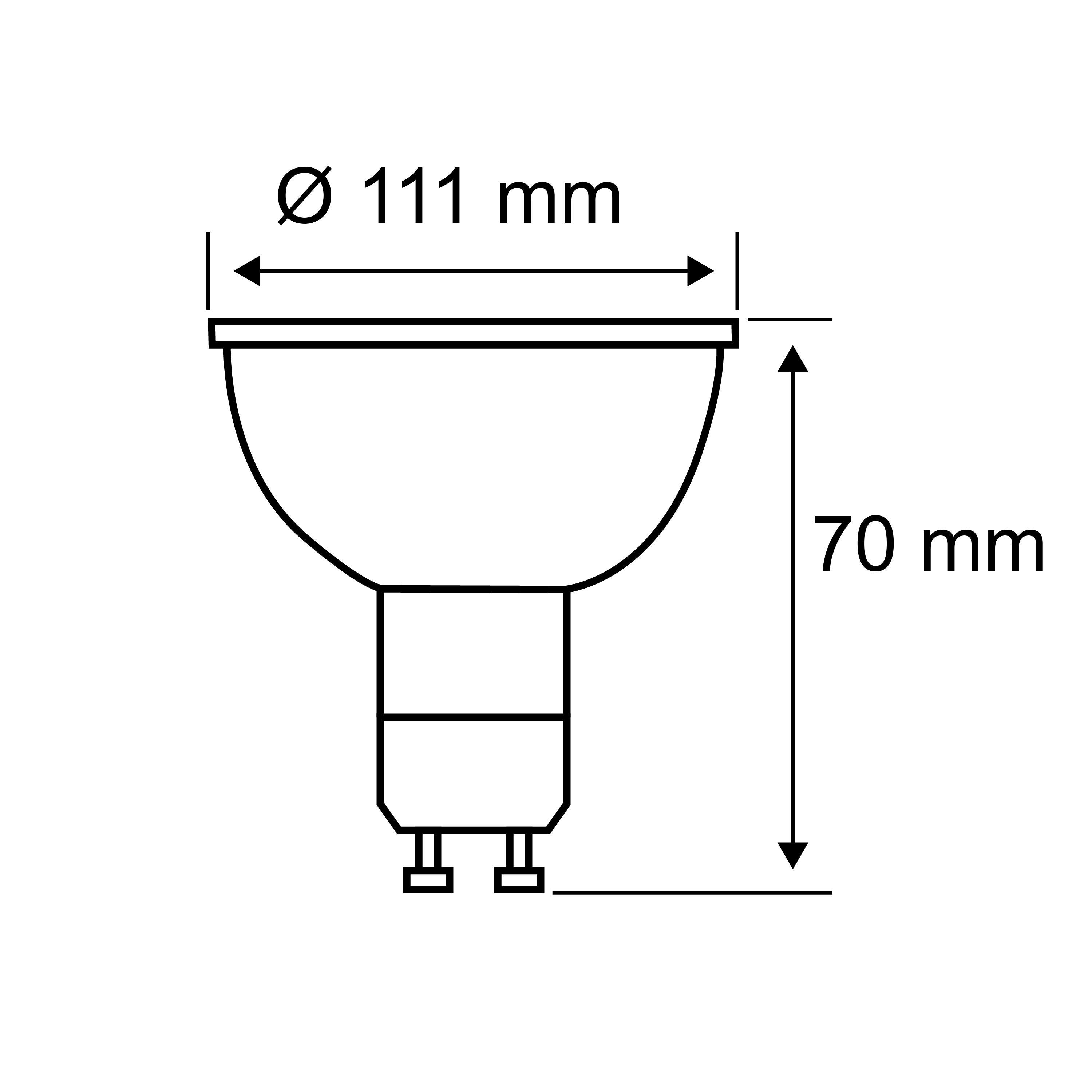 Dessin technique d’une ampoule LED GU10 de 111 mm de diamètre et 70 mm de hauteur, technologie d’éclairage.