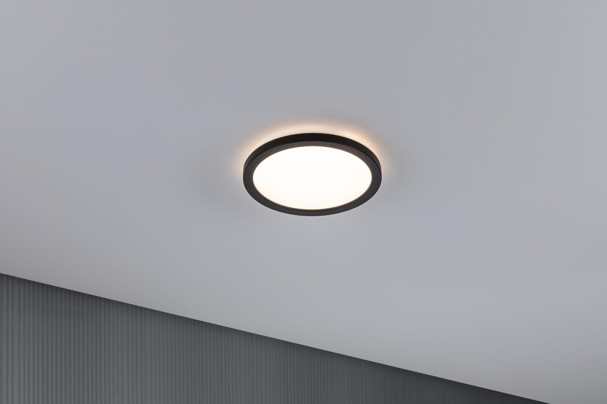 Okrągła lampa sufitowa LED z czarną metalową ramą i ciepłym białym światłem do nowoczesnych wnętrz